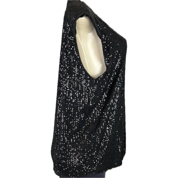 Timing L Black Sequin Crew Knit Neckline Padded Shoulders Sleeveless Tank Blouse - Picture 3 of 6